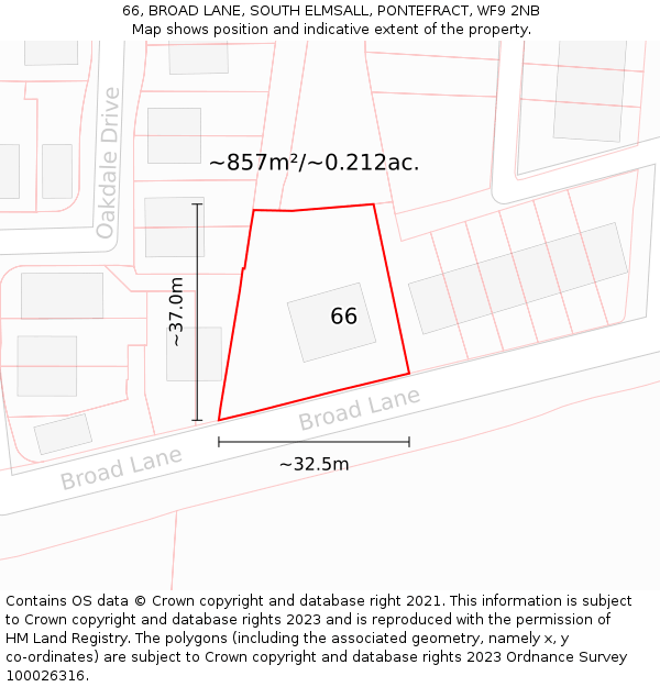 66, BROAD LANE, SOUTH ELMSALL, PONTEFRACT, WF9 2NB: Plot and title map