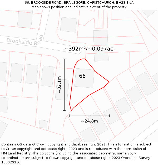 66, BROOKSIDE ROAD, BRANSGORE, CHRISTCHURCH, BH23 8NA: Plot and title map