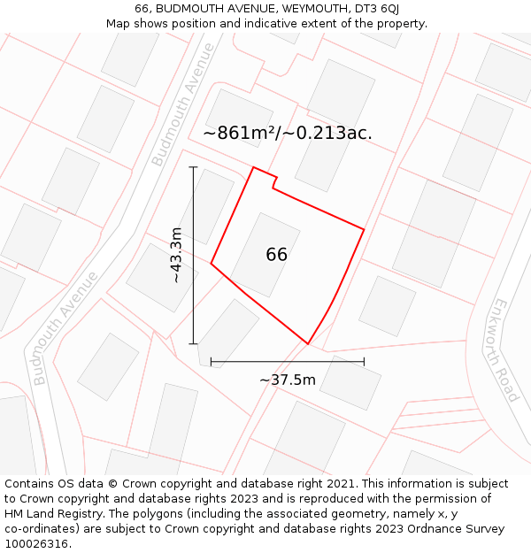 66, BUDMOUTH AVENUE, WEYMOUTH, DT3 6QJ: Plot and title map