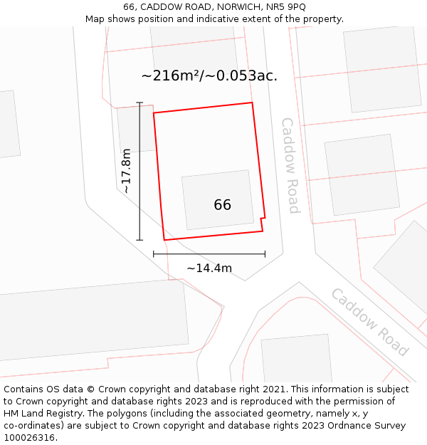 66, CADDOW ROAD, NORWICH, NR5 9PQ: Plot and title map