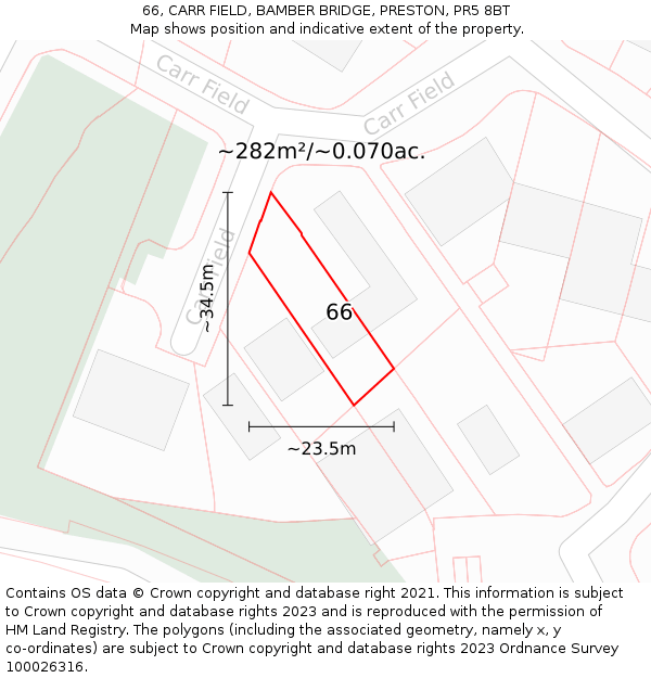 66, CARR FIELD, BAMBER BRIDGE, PRESTON, PR5 8BT: Plot and title map