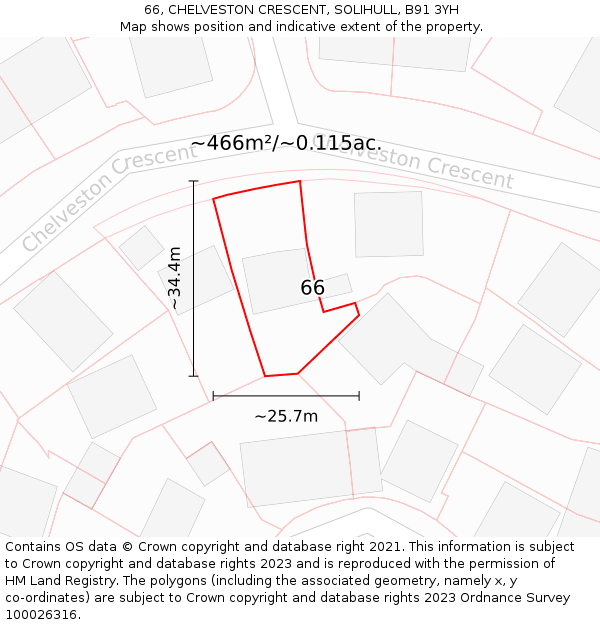 66, CHELVESTON CRESCENT, SOLIHULL, B91 3YH: Plot and title map