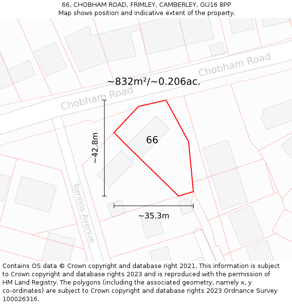 66, CHOBHAM ROAD, FRIMLEY, CAMBERLEY, GU16 8PP: Plot and title map