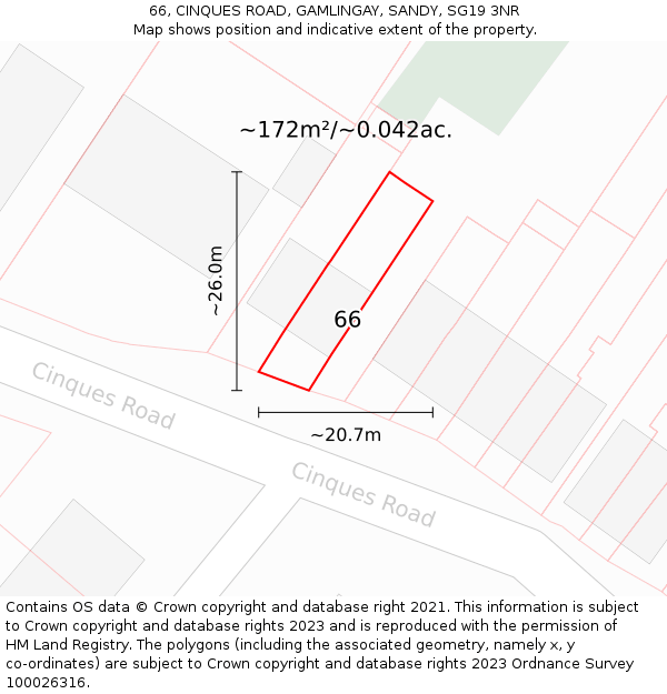 66, CINQUES ROAD, GAMLINGAY, SANDY, SG19 3NR: Plot and title map