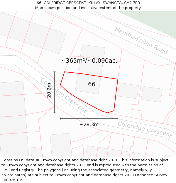 66, COLERIDGE CRESCENT, KILLAY, SWANSEA, SA2 7ER: Plot and title map