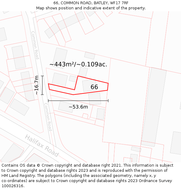 66, COMMON ROAD, BATLEY, WF17 7RF: Plot and title map