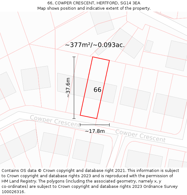 66, COWPER CRESCENT, HERTFORD, SG14 3EA: Plot and title map