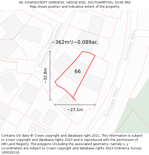 66, DOWNSCROFT GARDENS, HEDGE END, SOUTHAMPTON, SO30 4RS: Plot and title map