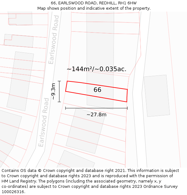 66, EARLSWOOD ROAD, REDHILL, RH1 6HW: Plot and title map
