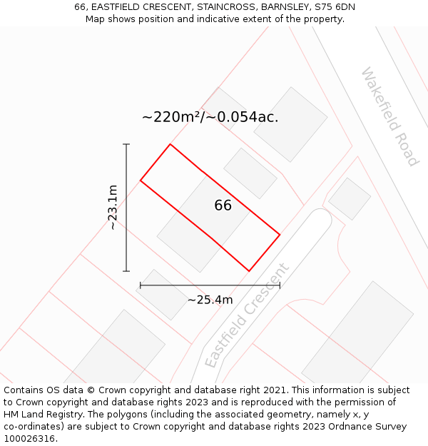 66, EASTFIELD CRESCENT, STAINCROSS, BARNSLEY, S75 6DN: Plot and title map
