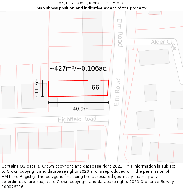 66, ELM ROAD, MARCH, PE15 8PG: Plot and title map