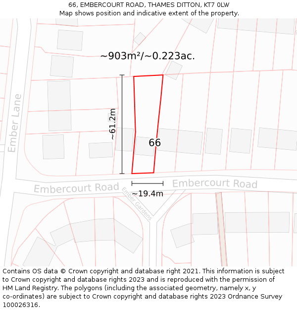 66, EMBERCOURT ROAD, THAMES DITTON, KT7 0LW: Plot and title map