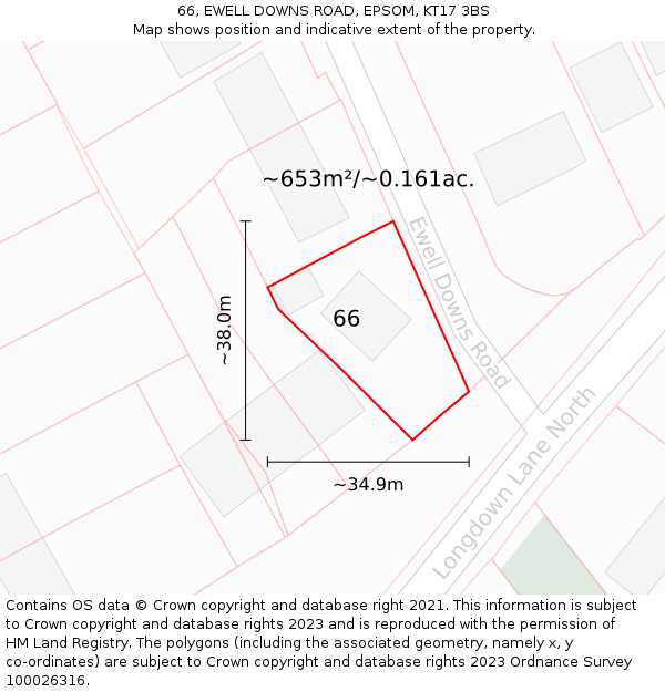 66, EWELL DOWNS ROAD, EPSOM, KT17 3BS: Plot and title map