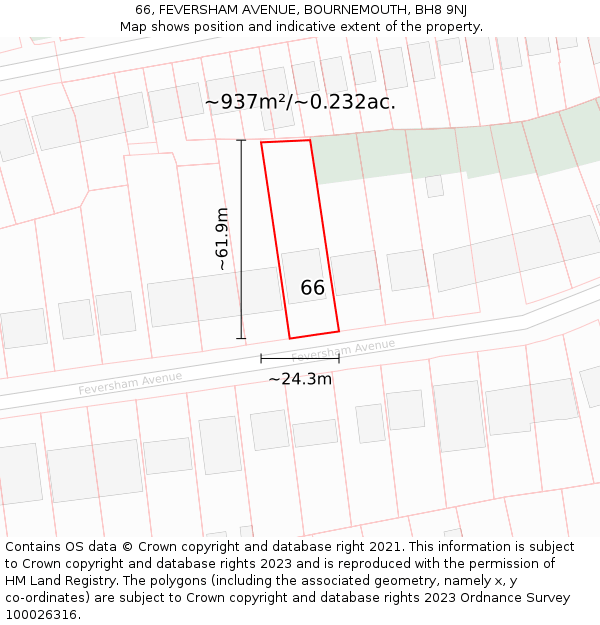 66, FEVERSHAM AVENUE, BOURNEMOUTH, BH8 9NJ: Plot and title map