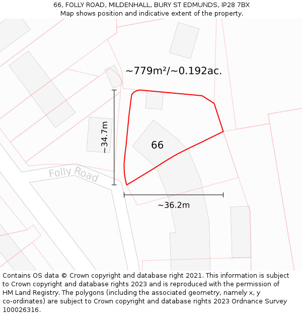 66, FOLLY ROAD, MILDENHALL, BURY ST EDMUNDS, IP28 7BX: Plot and title map