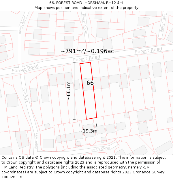 66, FOREST ROAD, HORSHAM, RH12 4HL: Plot and title map