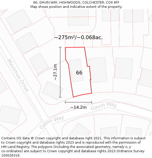 66, GAVIN WAY, HIGHWOODS, COLCHESTER, CO4 9FF: Plot and title map