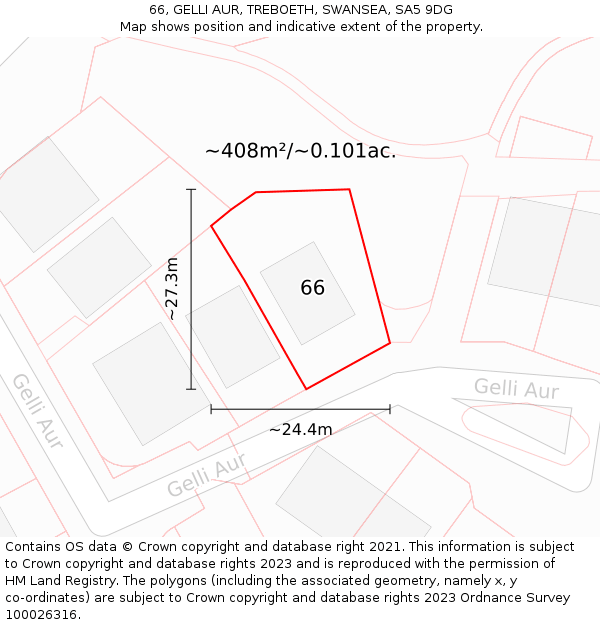 66, GELLI AUR, TREBOETH, SWANSEA, SA5 9DG: Plot and title map