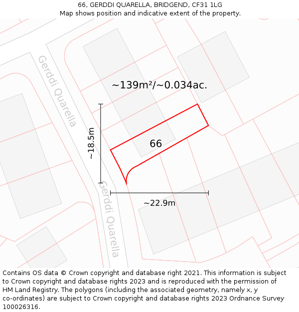 66, GERDDI QUARELLA, BRIDGEND, CF31 1LG: Plot and title map