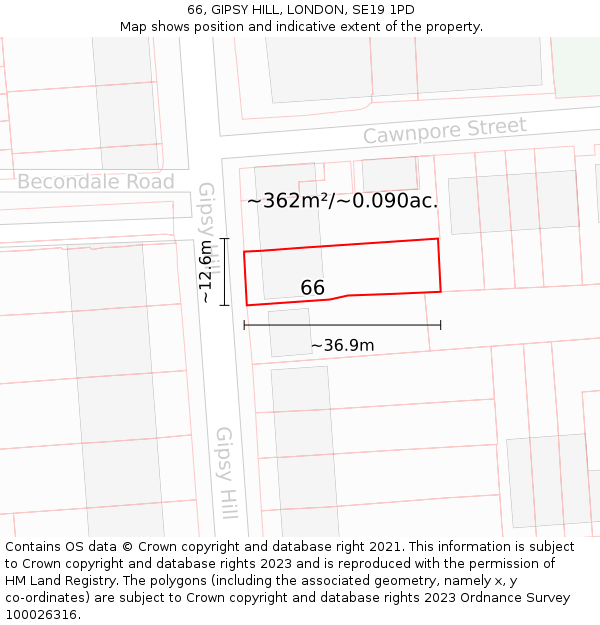 66, GIPSY HILL, LONDON, SE19 1PD: Plot and title map