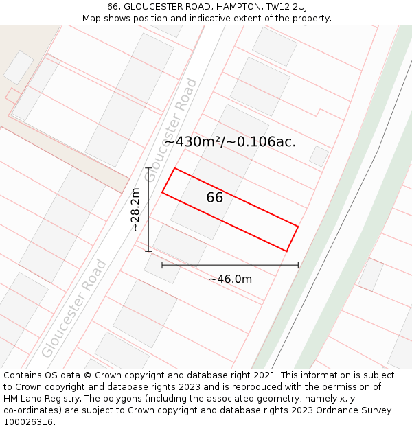 66, GLOUCESTER ROAD, HAMPTON, TW12 2UJ: Plot and title map
