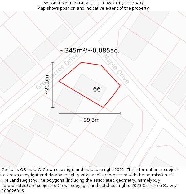 66, GREENACRES DRIVE, LUTTERWORTH, LE17 4TQ: Plot and title map