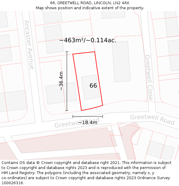 66, GREETWELL ROAD, LINCOLN, LN2 4AX: Plot and title map