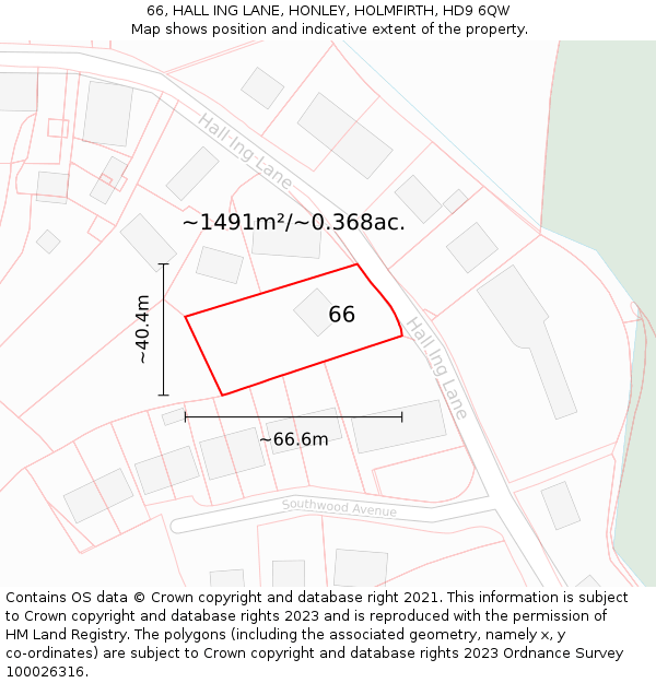 66, HALL ING LANE, HONLEY, HOLMFIRTH, HD9 6QW: Plot and title map