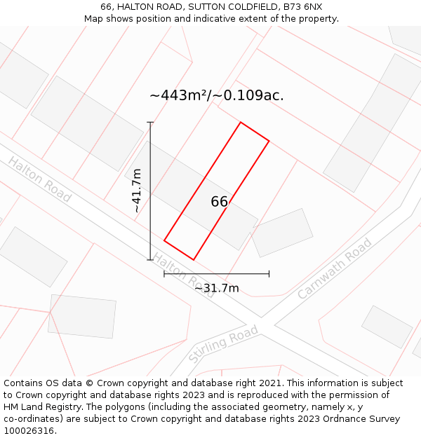 66, HALTON ROAD, SUTTON COLDFIELD, B73 6NX: Plot and title map