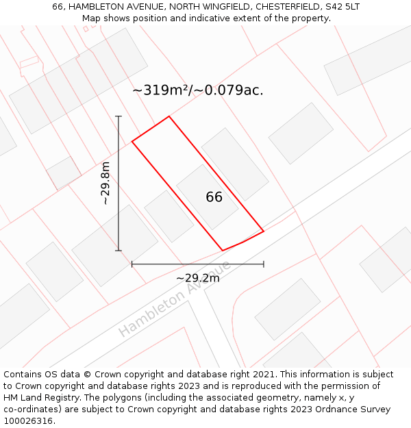 66, HAMBLETON AVENUE, NORTH WINGFIELD, CHESTERFIELD, S42 5LT: Plot and title map