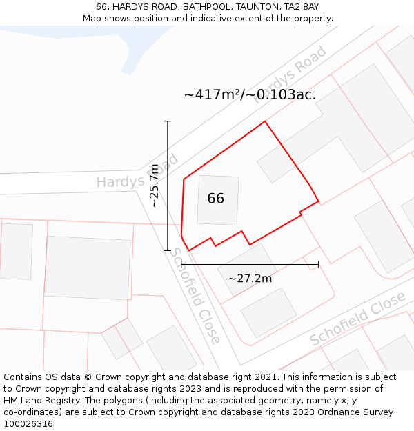 66, HARDYS ROAD, BATHPOOL, TAUNTON, TA2 8AY: Plot and title map