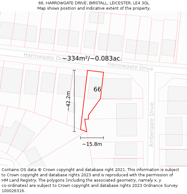 66, HARROWGATE DRIVE, BIRSTALL, LEICESTER, LE4 3GL: Plot and title map
