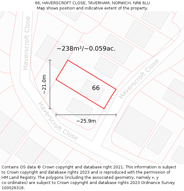 66, HAVERSCROFT CLOSE, TAVERHAM, NORWICH, NR8 6LU: Plot and title map