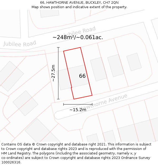 66, HAWTHORNE AVENUE, BUCKLEY, CH7 2QN: Plot and title map
