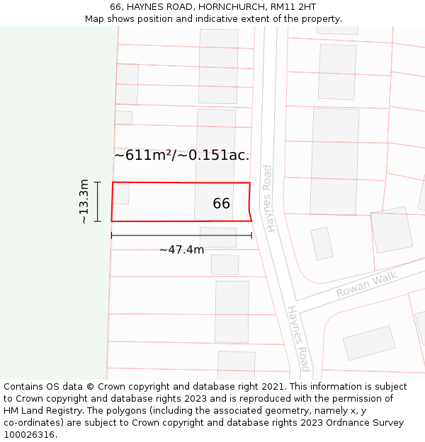 66, HAYNES ROAD, HORNCHURCH, RM11 2HT: Plot and title map