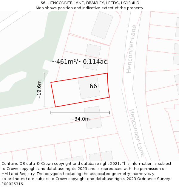 66, HENCONNER LANE, BRAMLEY, LEEDS, LS13 4LD: Plot and title map