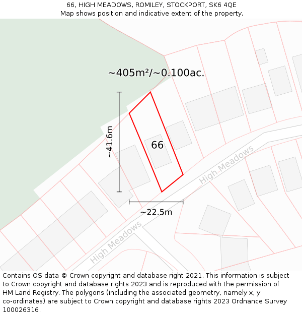 66, HIGH MEADOWS, ROMILEY, STOCKPORT, SK6 4QE: Plot and title map