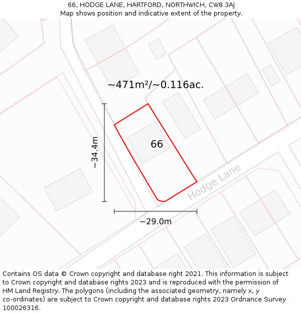 66, HODGE LANE, HARTFORD, NORTHWICH, CW8 3AJ: Plot and title map