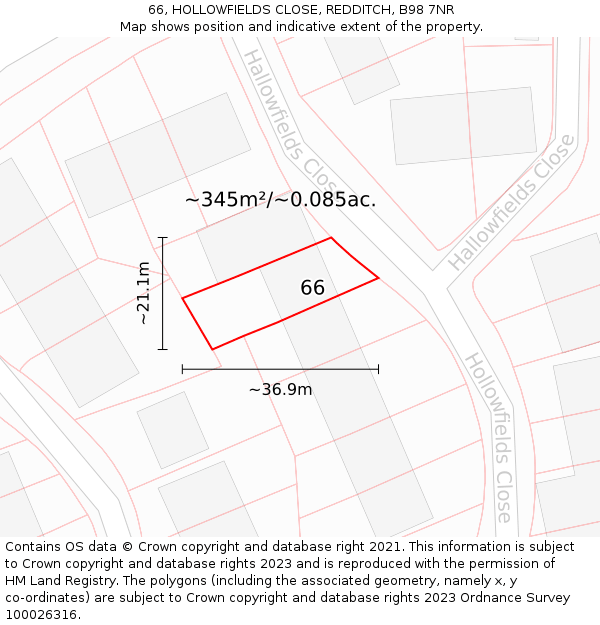 66, HOLLOWFIELDS CLOSE, REDDITCH, B98 7NR: Plot and title map