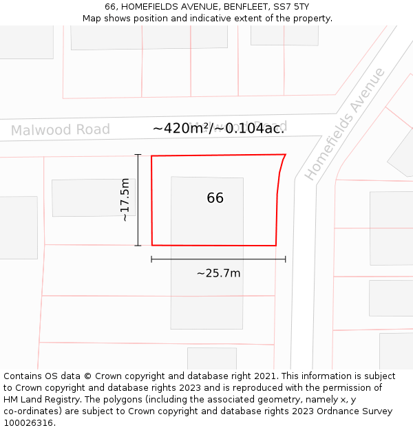 66, HOMEFIELDS AVENUE, BENFLEET, SS7 5TY: Plot and title map
