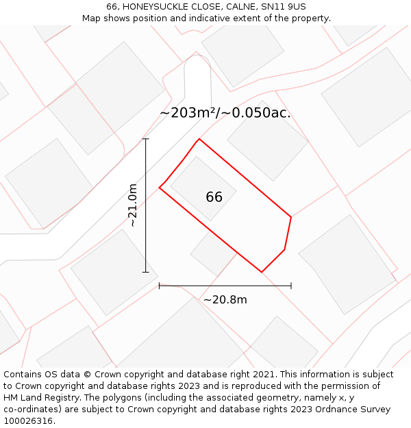66, HONEYSUCKLE CLOSE, CALNE, SN11 9US: Plot and title map