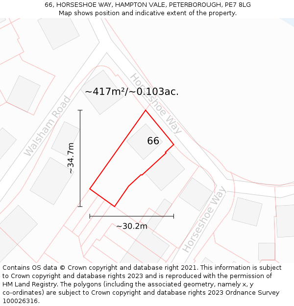 66, HORSESHOE WAY, HAMPTON VALE, PETERBOROUGH, PE7 8LG: Plot and title map