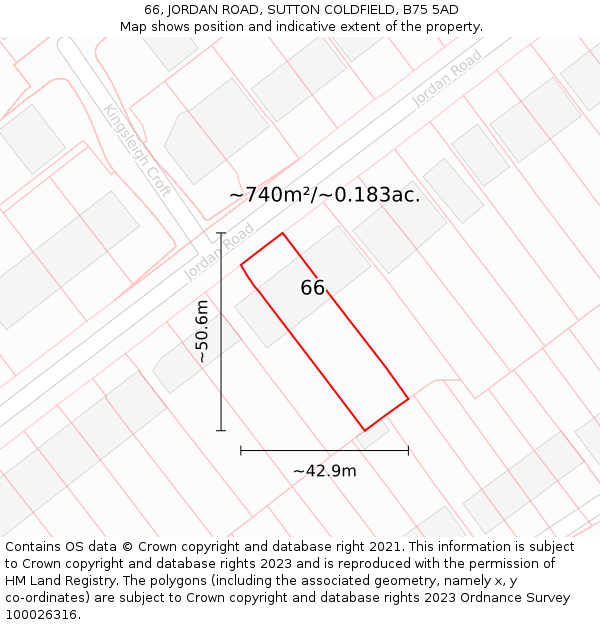 66, JORDAN ROAD, SUTTON COLDFIELD, B75 5AD: Plot and title map