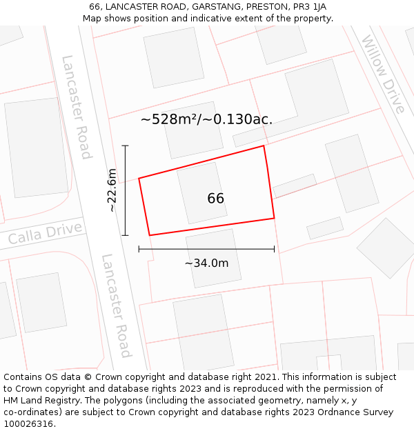 66, LANCASTER ROAD, GARSTANG, PRESTON, PR3 1JA: Plot and title map