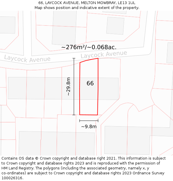 66, LAYCOCK AVENUE, MELTON MOWBRAY, LE13 1UL: Plot and title map