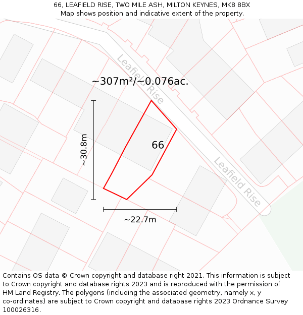 66, LEAFIELD RISE, TWO MILE ASH, MILTON KEYNES, MK8 8BX: Plot and title map