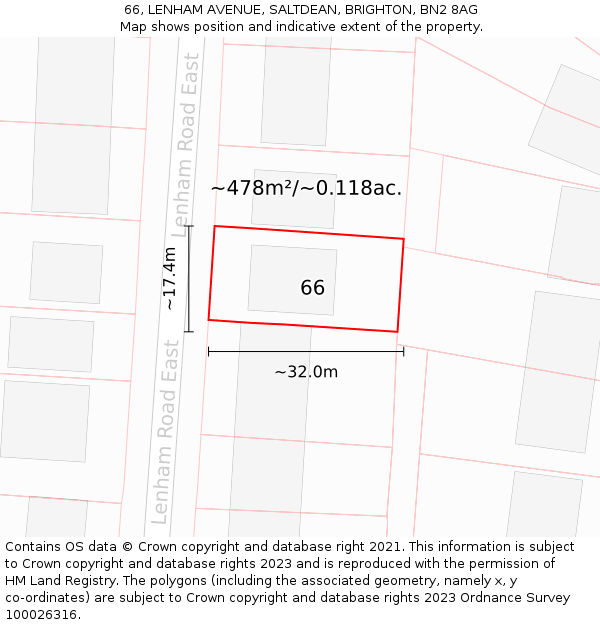 66, LENHAM AVENUE, SALTDEAN, BRIGHTON, BN2 8AG: Plot and title map
