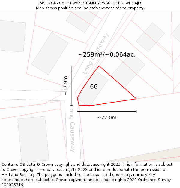 66, LONG CAUSEWAY, STANLEY, WAKEFIELD, WF3 4JD: Plot and title map