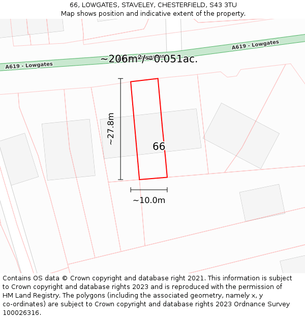 66, LOWGATES, STAVELEY, CHESTERFIELD, S43 3TU: Plot and title map