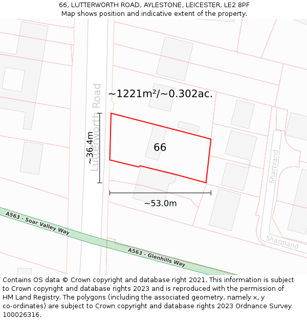 66, LUTTERWORTH ROAD, AYLESTONE, LEICESTER, LE2 8PF: Plot and title map